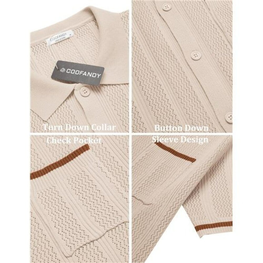 Men's Short Sleeve Knit Shirts Vintage Button Down Polo Shirt Casual Beach Top - Picture 5 of 7